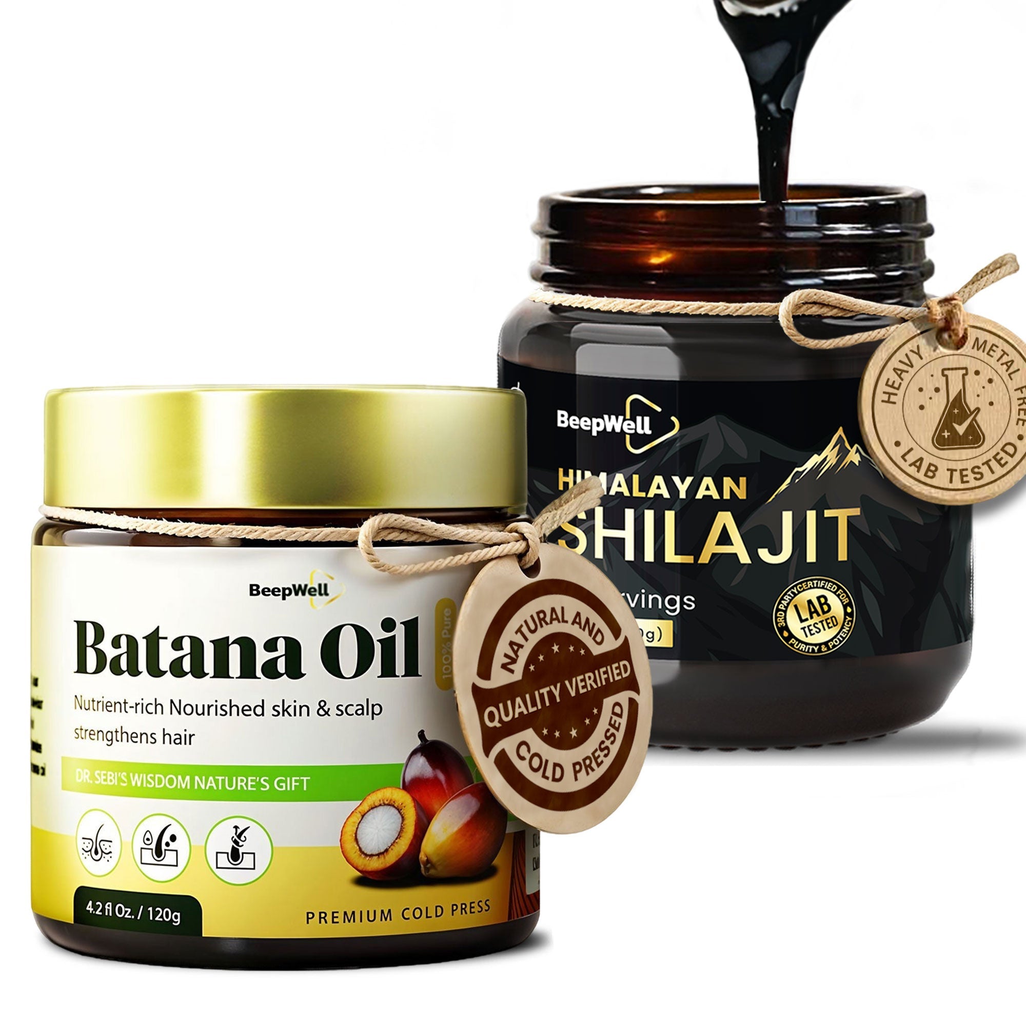 BeepWell Self-Care Set – Batana Hair Oil (4.2 fl oz) + Himalayan Shilajit Resin (1.4 oz) – Clean Ingredients for Hair & Wellness Routine-0