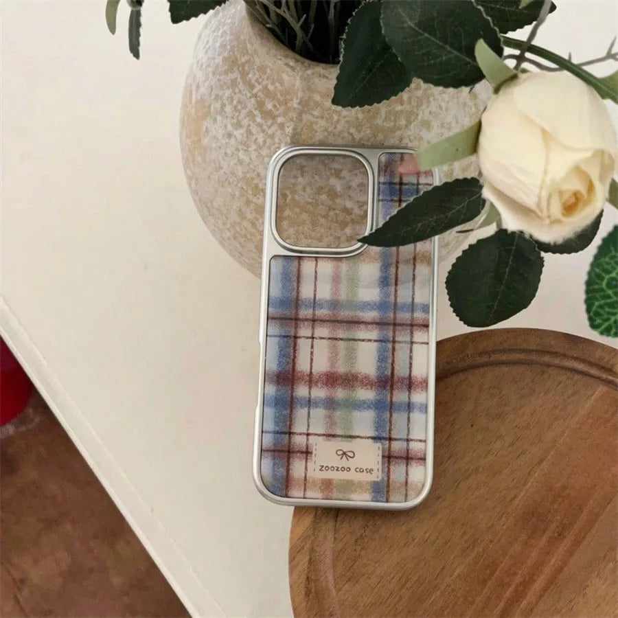 Retro Plaid Silver Edge Epoxy Phone Case TPU Anti-drop Phone Case For iPhone XR/11/12/13/14/15/16/17 Pro Max Phone Case