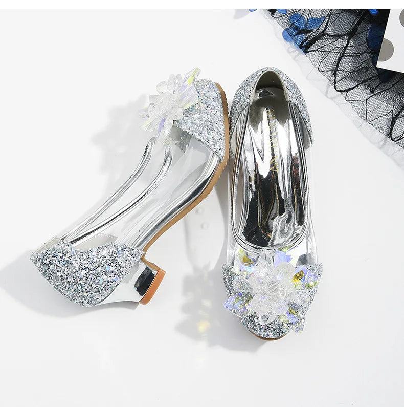 туфли для девочки Girls Princess Shoes Spring New Children Show High Heel Shoe Beautiful Girl Transparent Crystal Shoe Kids Shoe