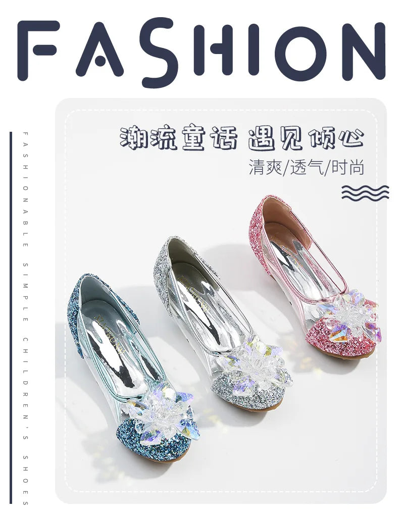 туфли для девочки Girls Princess Shoes Spring New Children Show High Heel Shoe Beautiful Girl Transparent Crystal Shoe Kids Shoe