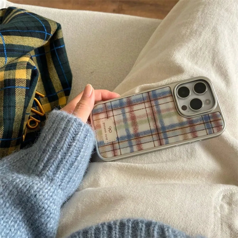 Retro Plaid Silver Edge Epoxy Phone Case TPU Anti-drop Phone Case For iPhone XR/11/12/13/14/15/16/17 Pro Max Phone Case