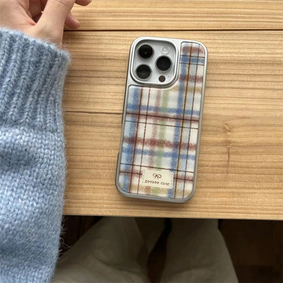 Retro Plaid Silver Edge Epoxy Phone Case TPU Anti-drop Phone Case For iPhone XR/11/12/13/14/15/16/17 Pro Max Phone Case