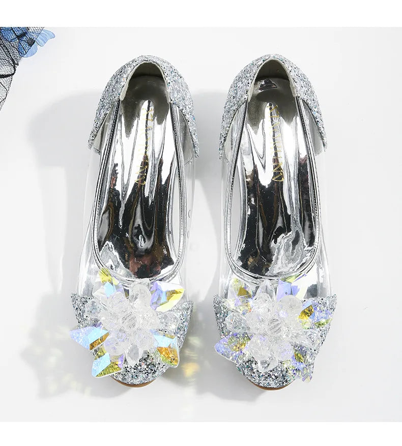 туфли для девочки Girls Princess Shoes Spring New Children Show High Heel Shoe Beautiful Girl Transparent Crystal Shoe Kids Shoe