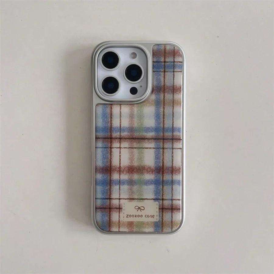 Retro Plaid Silver Edge Epoxy Phone Case TPU Anti-drop Phone Case For iPhone XR/11/12/13/14/15/16/17 Pro Max Phone Case