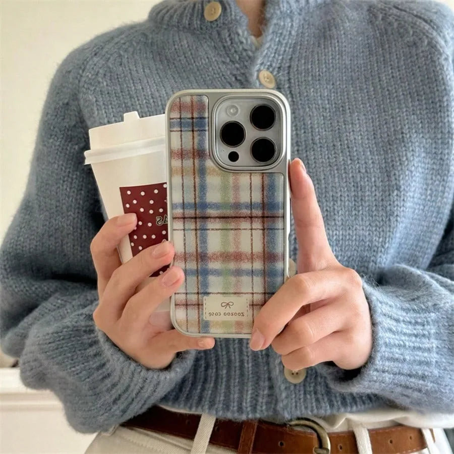 Retro Plaid Silver Edge Epoxy Phone Case TPU Anti-drop Phone Case For iPhone XR/11/12/13/14/15/16/17 Pro Max Phone Case