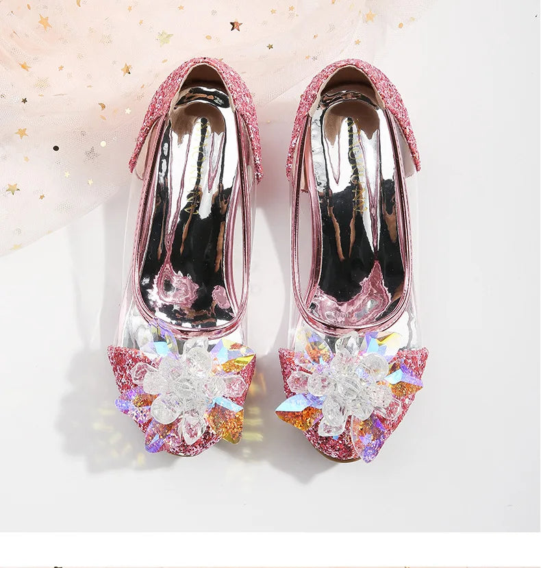 туфли для девочки Girls Princess Shoes Spring New Children Show High Heel Shoe Beautiful Girl Transparent Crystal Shoe Kids Shoe