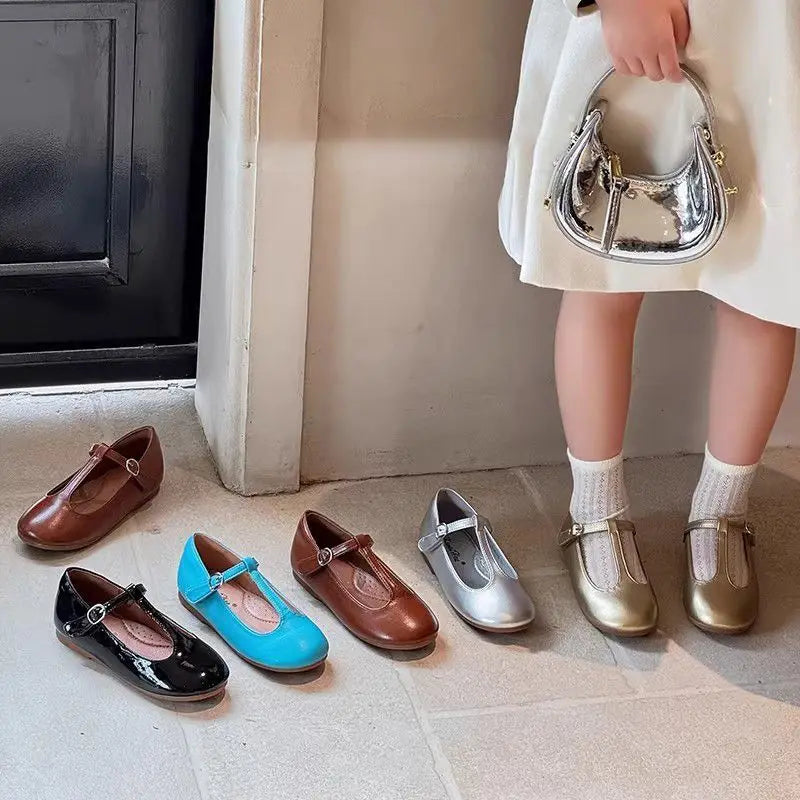 Kids'Casual Shoes PU Leather Solid Color Spring Shoes For Girls Anti-slip Designer Flat Bottom Sliver Black Shoes Size 22-32