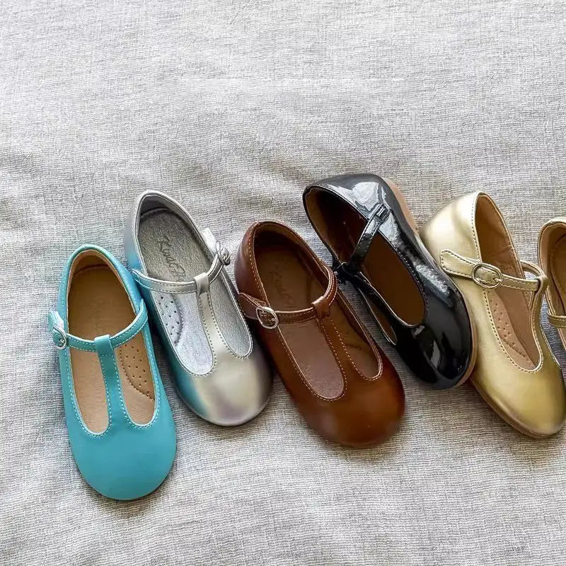Kids'Casual Shoes PU Leather Solid Color Spring Shoes For Girls Anti-slip Designer Flat Bottom Sliver Black Shoes Size 22-32