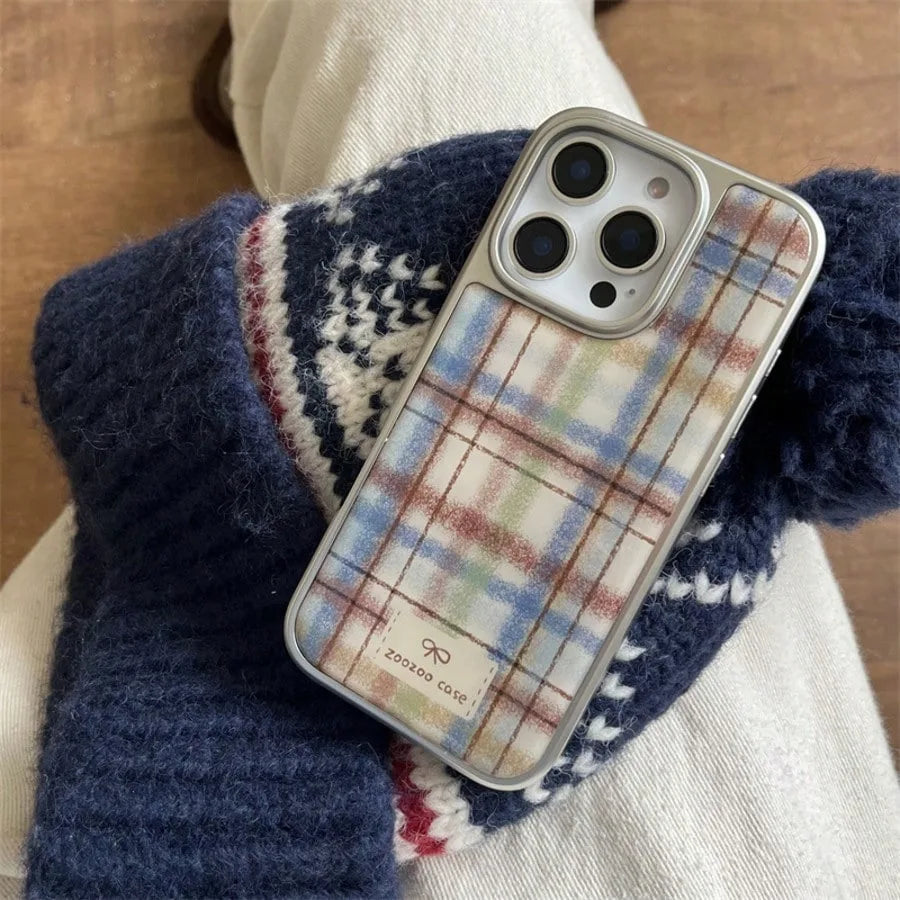Retro Plaid Silver Edge Epoxy Phone Case TPU Anti-drop Phone Case For iPhone XR/11/12/13/14/15/16/17 Pro Max Phone Case