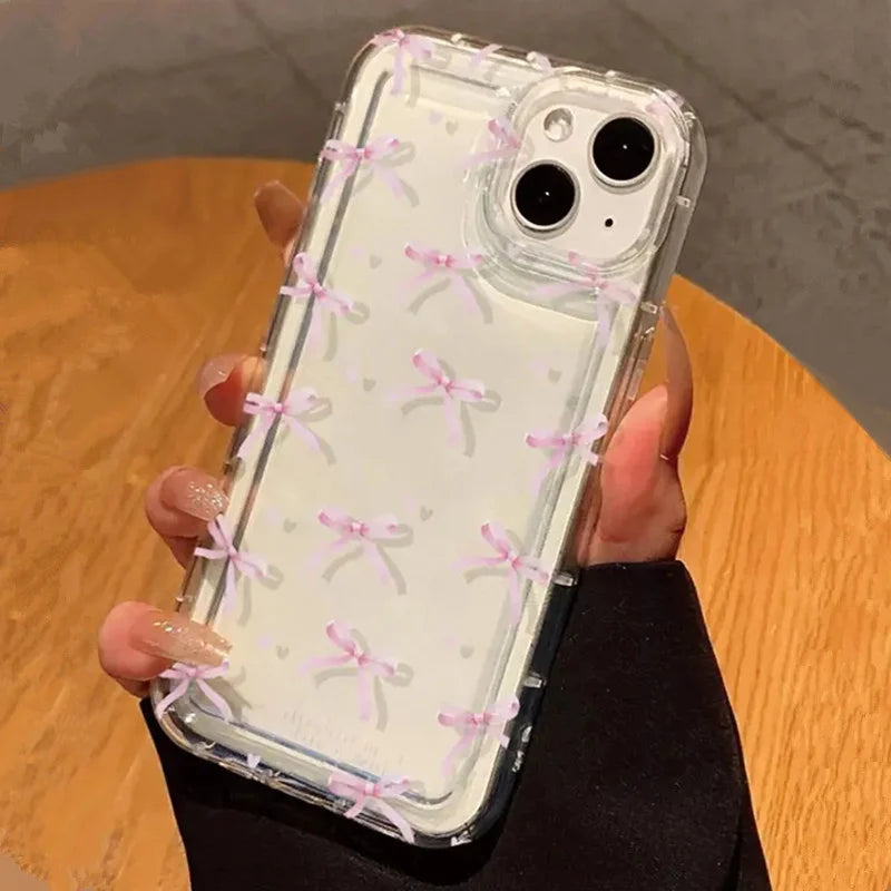 Cute Pink Heart Bow Phone Case for IPhone 17 16 15 14 13 12 11 Pro Max 13 12 Mini 17Air 16e Shockproof Soft Clear Cases Coque
