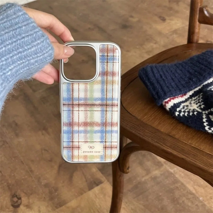 Retro Plaid Silver Edge Epoxy Phone Case TPU Anti-drop Phone Case For iPhone XR/11/12/13/14/15/16/17 Pro Max Phone Case