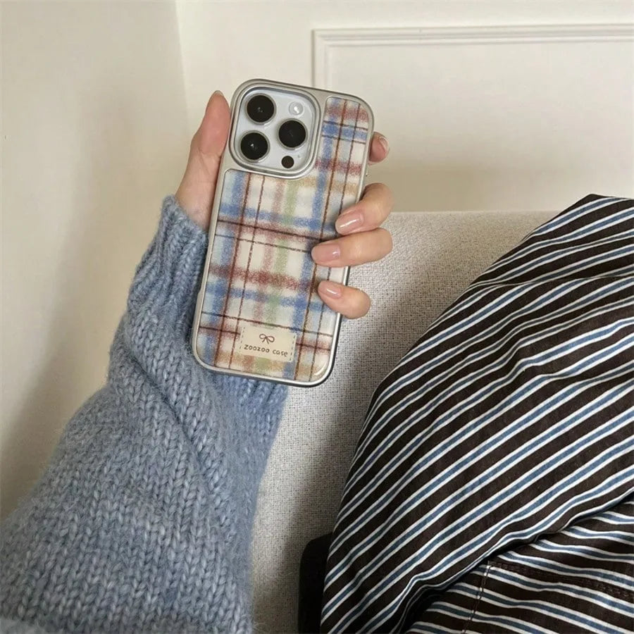 Retro Plaid Silver Edge Epoxy Phone Case TPU Anti-drop Phone Case For iPhone XR/11/12/13/14/15/16/17 Pro Max Phone Case