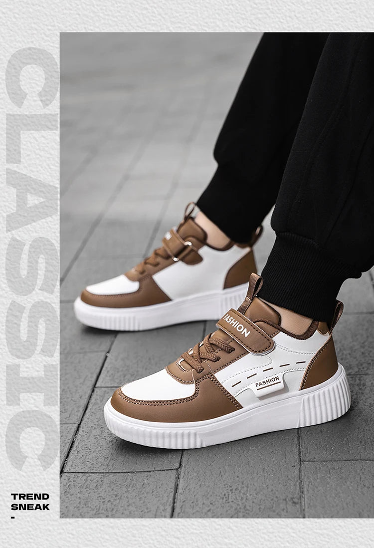 Kids PU Leather Sneakers Casual Basketball Shoes for Boys Trendy Sports Trainers Breathable Non-slip Children Footwear