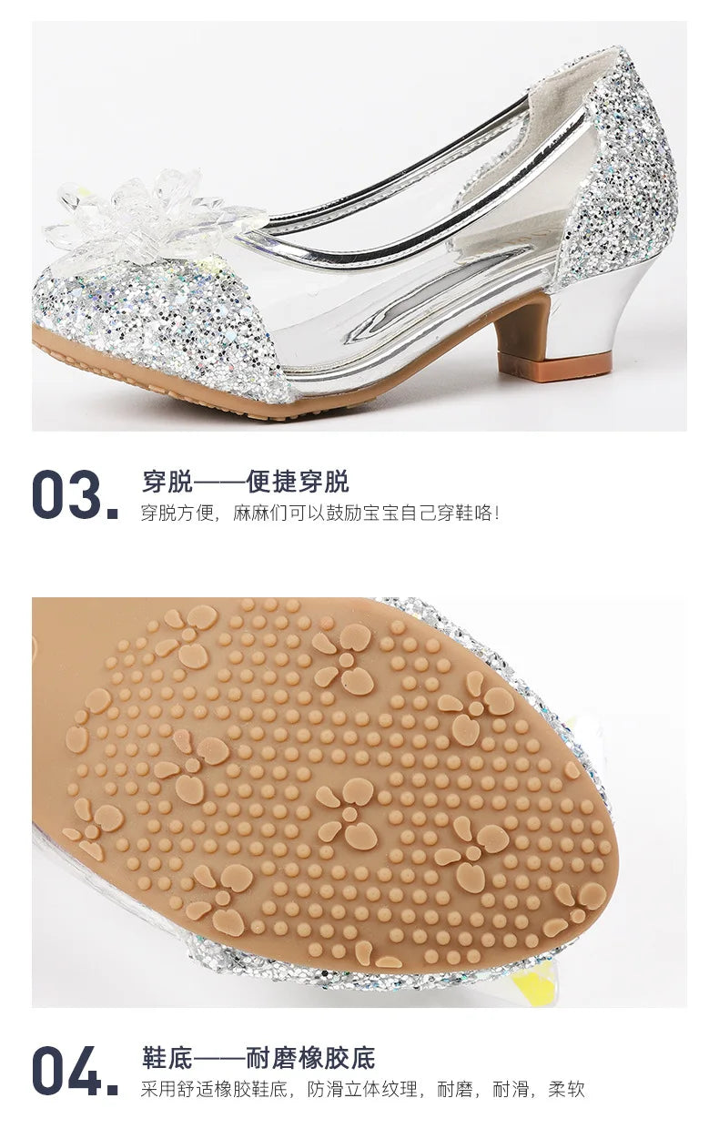 туфли для девочки Girls Princess Shoes Spring New Children Show High Heel Shoe Beautiful Girl Transparent Crystal Shoe Kids Shoe