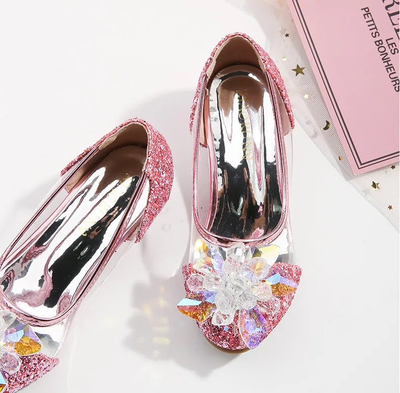 туфли для девочки Girls Princess Shoes Spring New Children Show High Heel Shoe Beautiful Girl Transparent Crystal Shoe Kids Shoe
