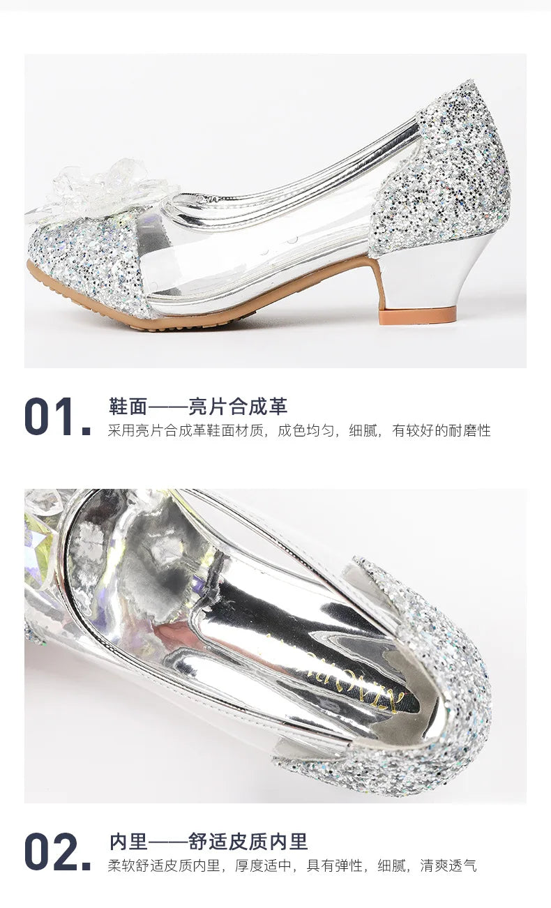 туфли для девочки Girls Princess Shoes Spring New Children Show High Heel Shoe Beautiful Girl Transparent Crystal Shoe Kids Shoe