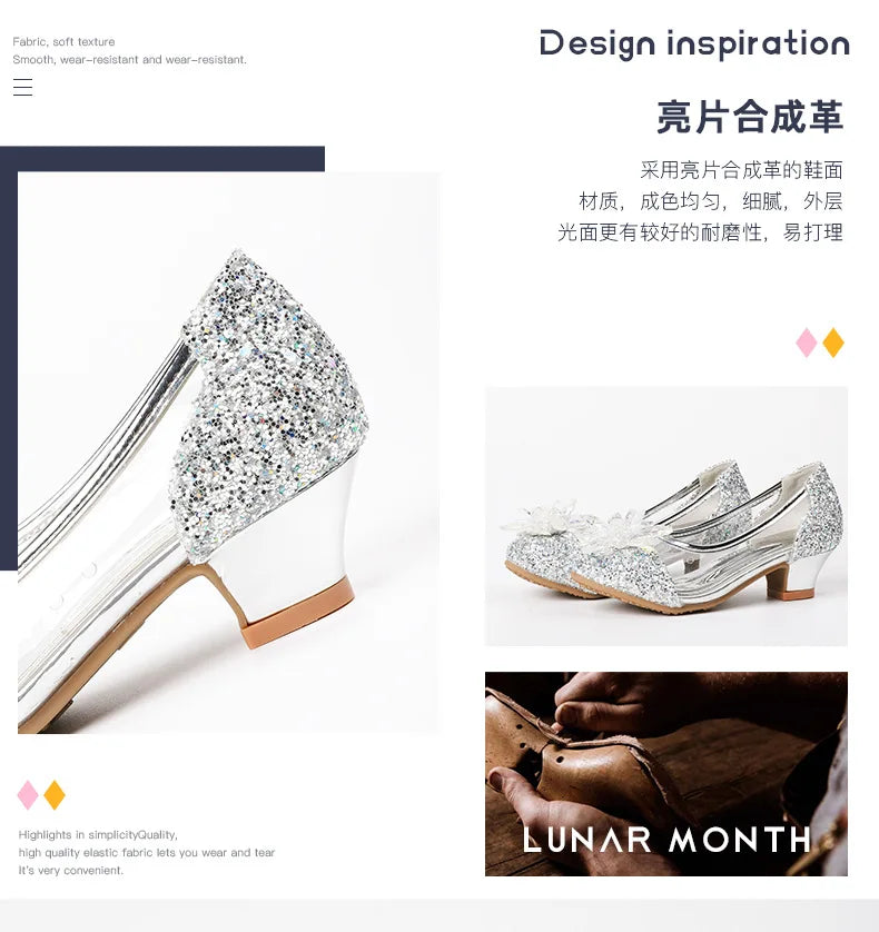 туфли для девочки Girls Princess Shoes Spring New Children Show High Heel Shoe Beautiful Girl Transparent Crystal Shoe Kids Shoe
