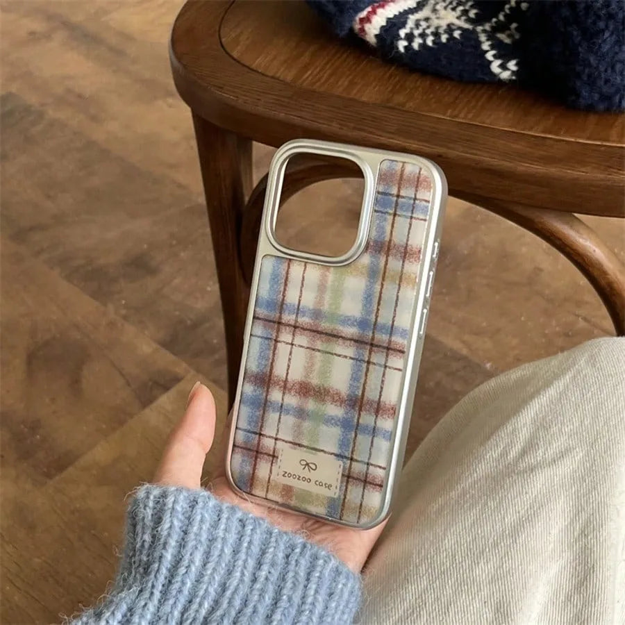 Retro Plaid Silver Edge Epoxy Phone Case TPU Anti-drop Phone Case For iPhone XR/11/12/13/14/15/16/17 Pro Max Phone Case